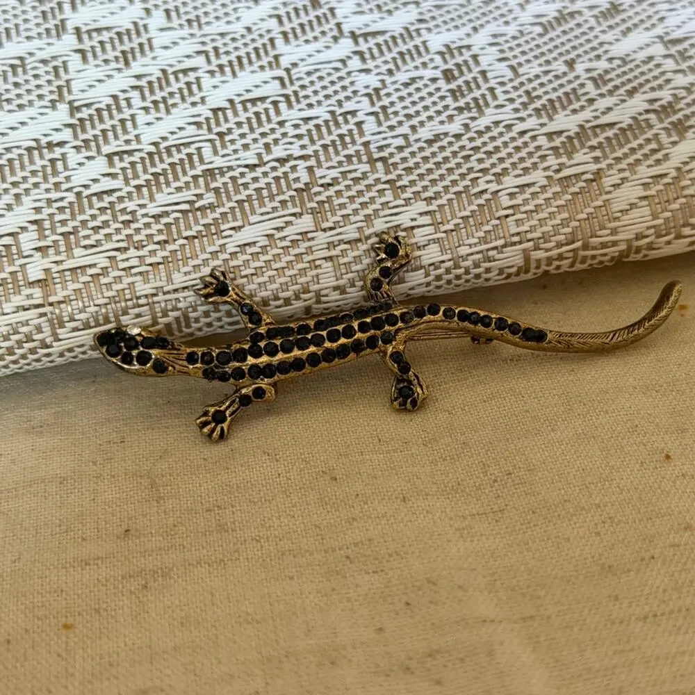vintage Gold and Black rhinestone Lizard Brooch